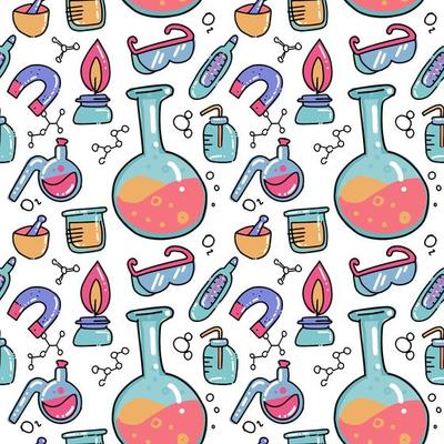 seamless-pattern-of-decorative-color-hand-drawn-chemical-lab-scientific-experiment-equipment-isolated-illustration-set-of-flasks-in-doodle-style-on-white-background-chemistry-science-for-kids-vector